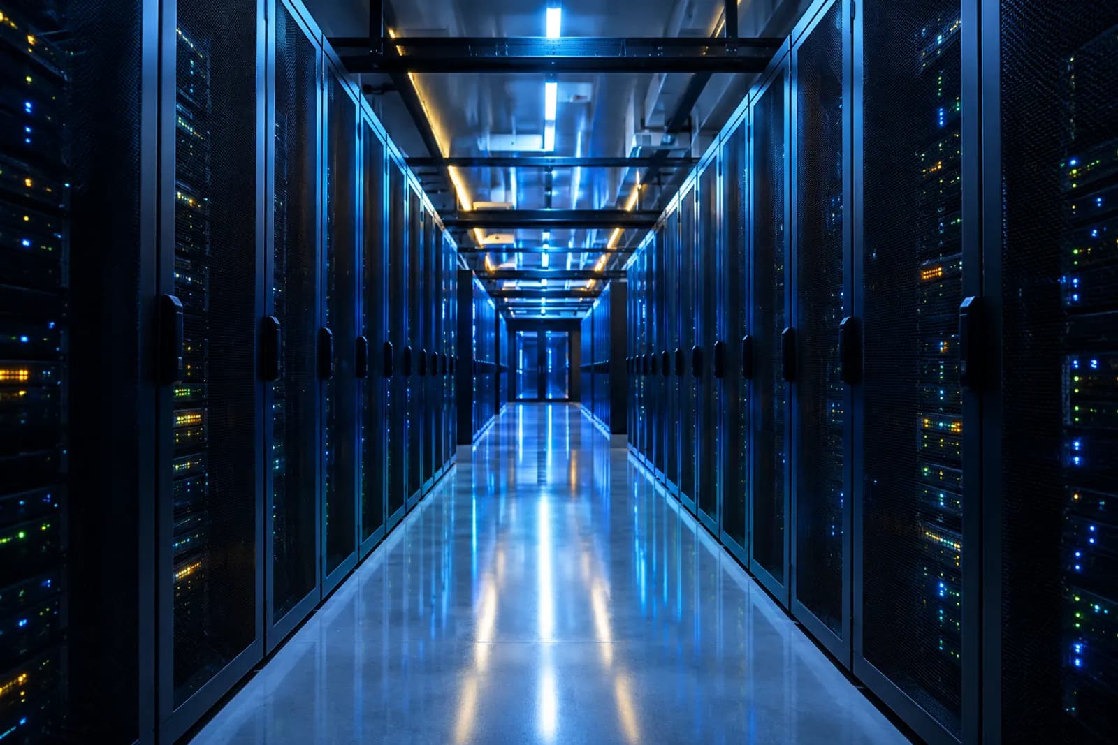 An aisle of server racks in a data centre