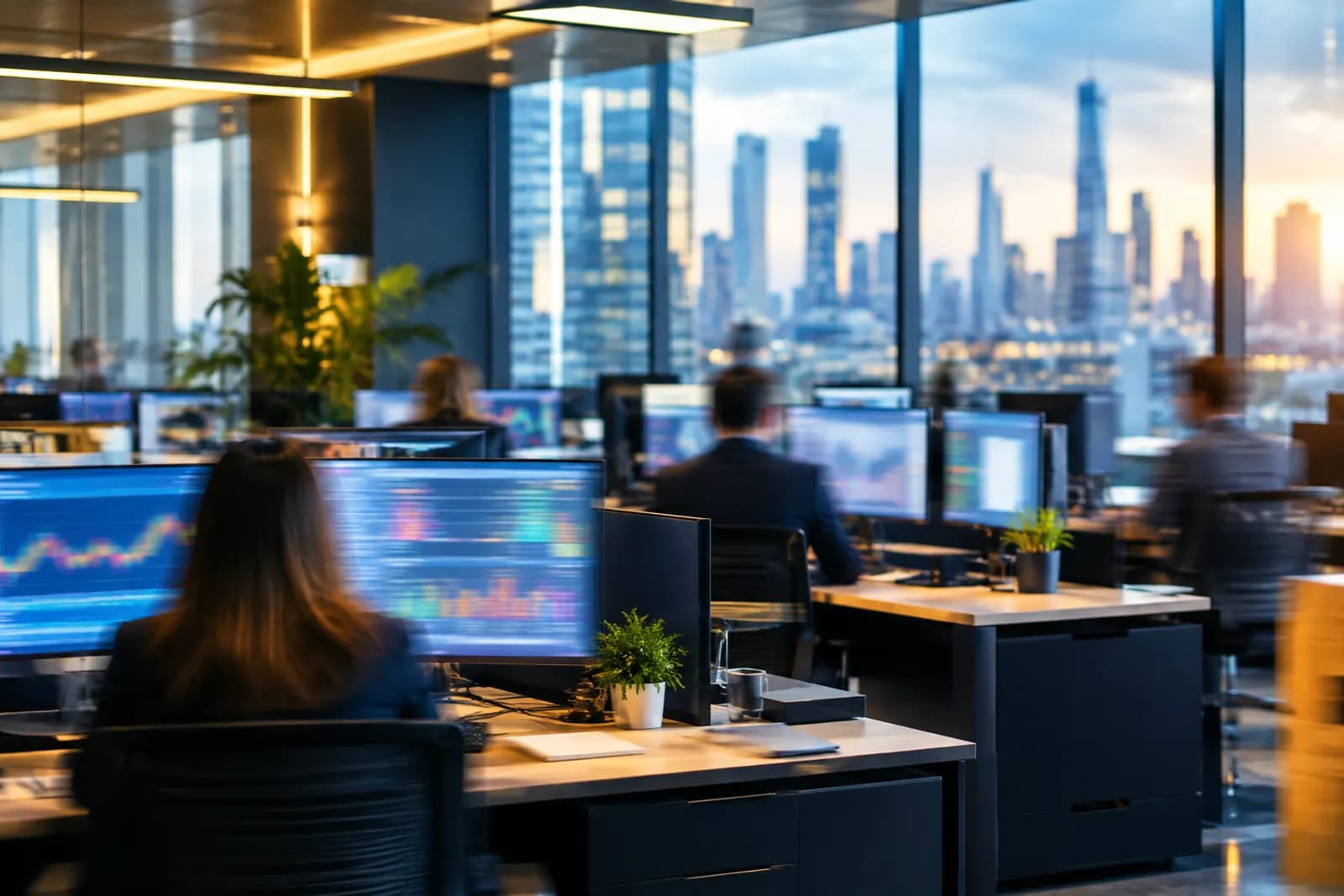 An open-plan financial services office